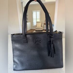 Tory Burch Black Pebbled Leather Tote with Tassel